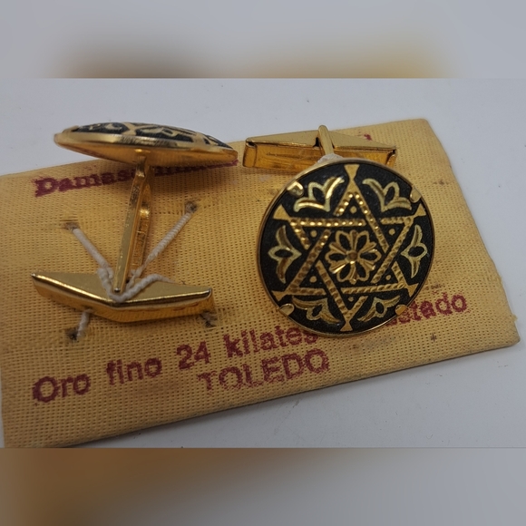 Vintage Men's Cufflinks 24 Karat Fine Gold 70s Spain Star Filigree Black Gold - Picture 6 of 13